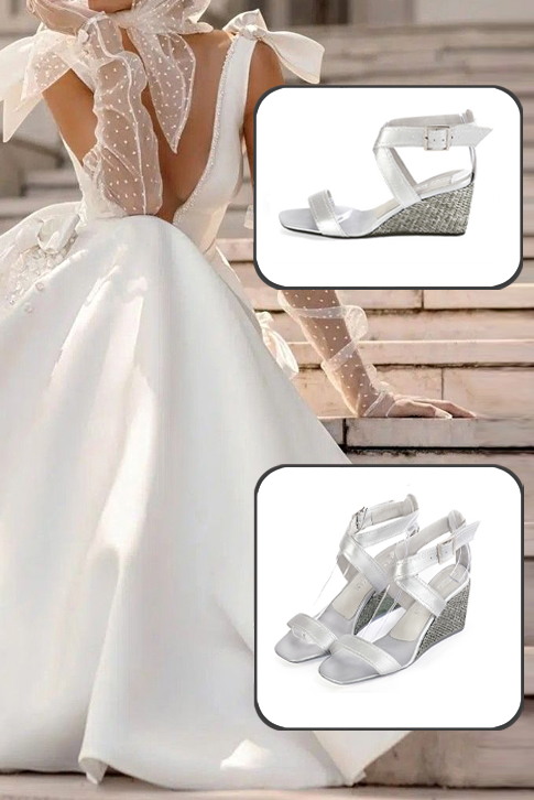 Women's silver elegant fully open cross straps sandals. Square toe. Medium wedge heels - Worn view